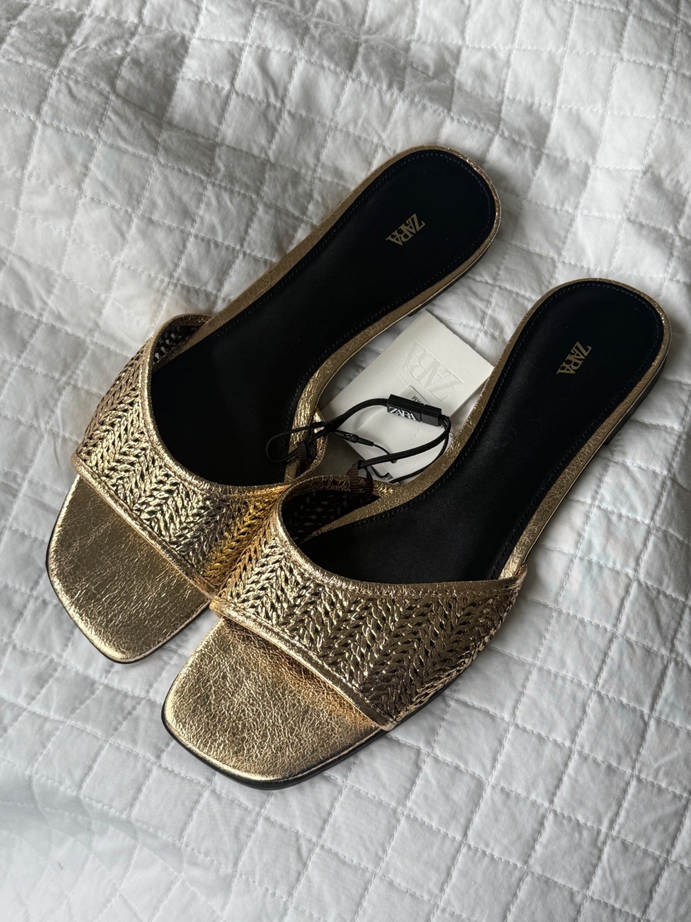 Zara Gold Braided Flat Sandals, Size 10